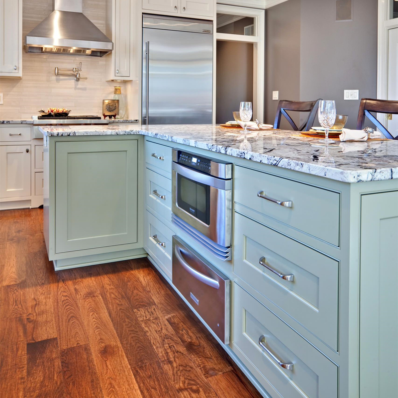 Mobile da cucina in stile shaker bianco e verde per mobili da villa in legno massello RTA con ripiano