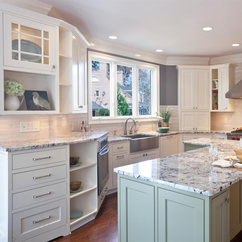 Mobile da cucina in stile shaker bianco e verde per mobili da villa in legno massello RTA con ripiano