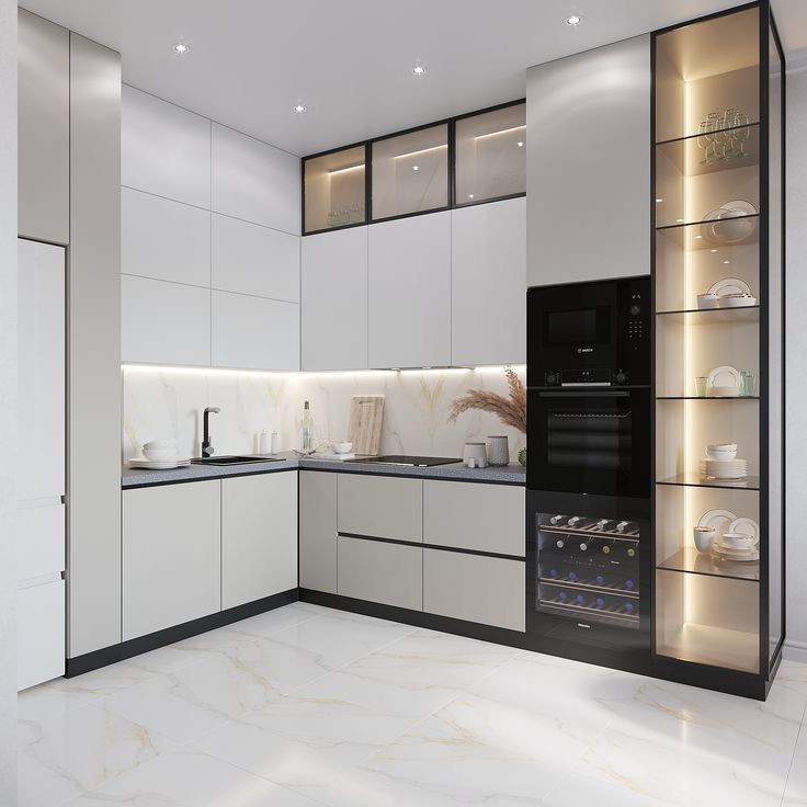 Gli armadietti di esposizione di vetro d'angolo di lusso della cucina aspettano per montare la cucina moderna dei Governi della lacca di Storge