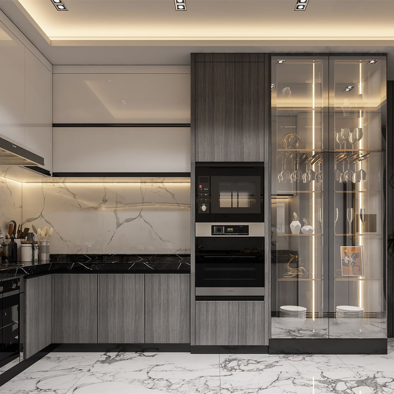 Gli armadietti di esposizione di vetro d'angolo di lusso della cucina aspettano per montare la cucina moderna dei Governi della lacca di Storge